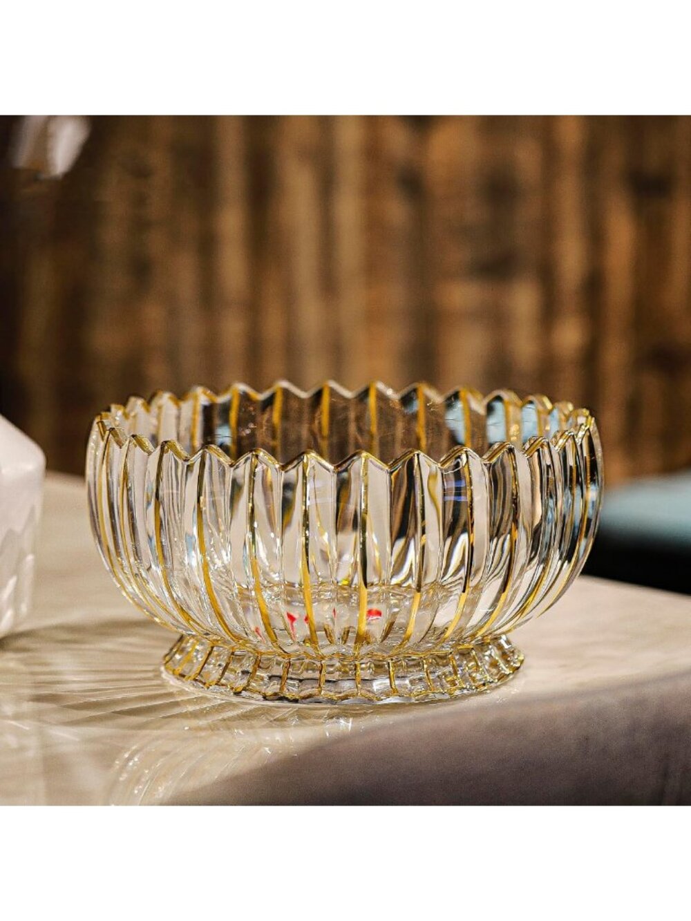 Elegant Hand-Painted Gold Round Crystal Glass Fruit Bowl - 8.7" Decorative Candy